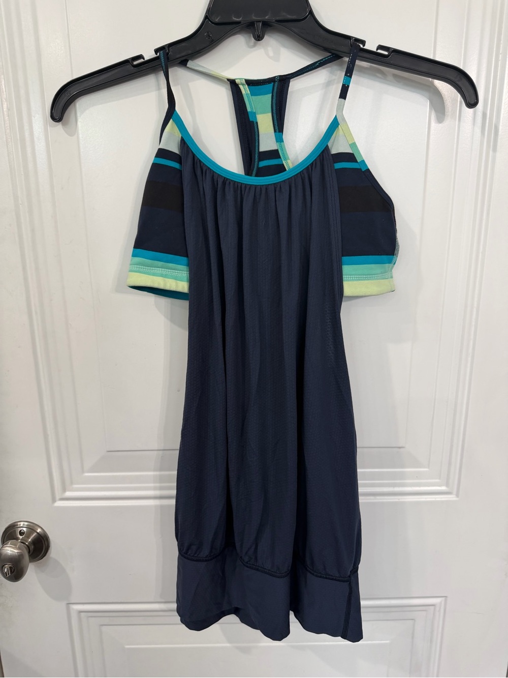Lululemon Navy Blue tank with sports bra and Aqua Stripe Accents